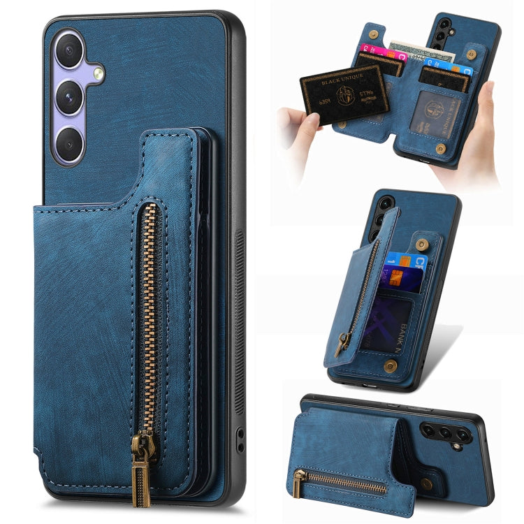 For Samsung Galaxy S25 5G Retro Leather Zipper Wallet Back Phone Case(Blue) - Galaxy S25 5G Cases by buy2fix | Online Shopping UK | buy2fix