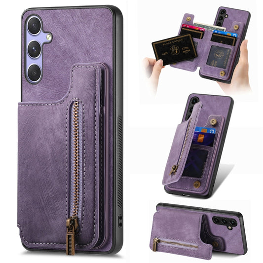 For Samsung Galaxy S25+ 5G Retro Leather Zipper Wallet Back Phone Case(Purple) - Galaxy S25+ 5G Cases by buy2fix | Online Shopping UK | buy2fix