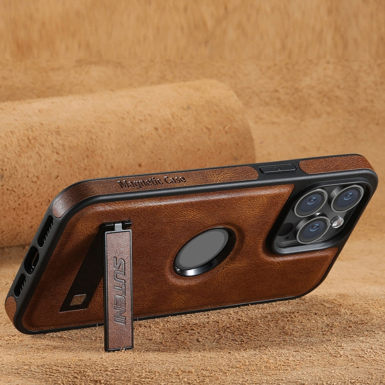 For iPhone 12 Suteni G2 Magsafe Oil Wax Leather Back Phone Case with Holder(Brown) - iPhone 12 / 12 Pro Cases by Suteni | Online Shopping UK | buy2fix