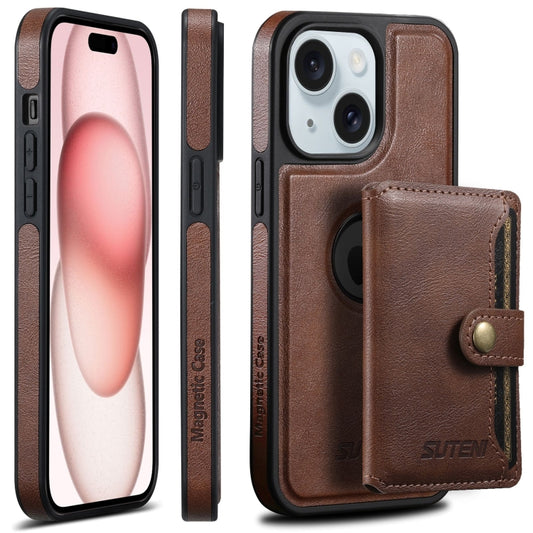 For iPhone 15 Plus Suteni M1 Oil Wax MagSafe Detachable Horizontal Card Bag Phone Case(Brown) - iPhone 15 Plus Cases by Suteni | Online Shopping UK | buy2fix