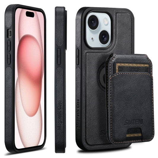 For iPhone 15 Plus Suteni M2 Oil Wax MagSafe Horizontal Card Bag Phone Case(Black) - iPhone 15 Plus Cases by Suteni | Online Shopping UK | buy2fix