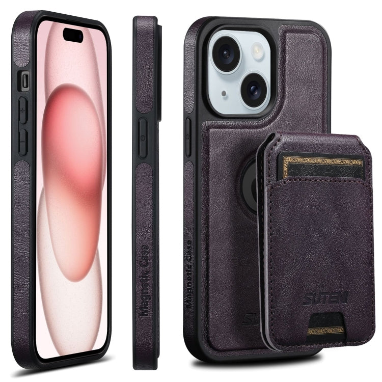 For iPhone 15 Plus Suteni M2 Oil Wax MagSafe Horizontal Card Bag Phone Case(Purple) - iPhone 15 Plus Cases by Suteni | Online Shopping UK | buy2fix