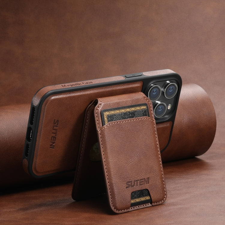 For iPhone 14 Suteni M2 Oil Wax MagSafe Horizontal Card Bag Phone Case(Brown) - iPhone 14 Cases by Suteni | Online Shopping UK | buy2fix