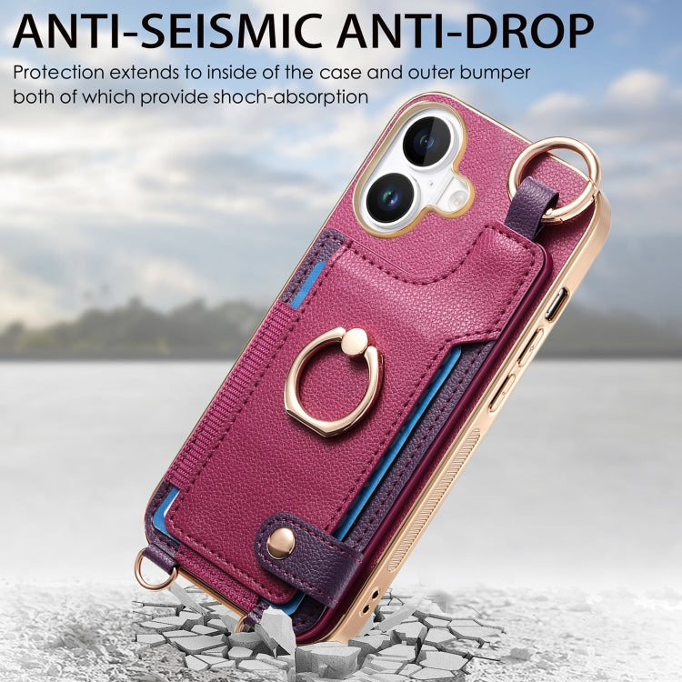 For iPhone 16 Plus Fashion Ring Card Bag Phone Case with Hang Loop(Purple) - iPhone 16 Plus Cases by buy2fix | Online Shopping UK | buy2fix