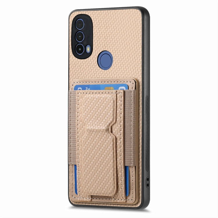 For Motorola Moto G Power 5G 2024 Carbon Fiber Fold Stand Elastic Card Bag Phone Case(Khaki) - Motorola Cases by buy2fix | Online Shopping UK | buy2fix