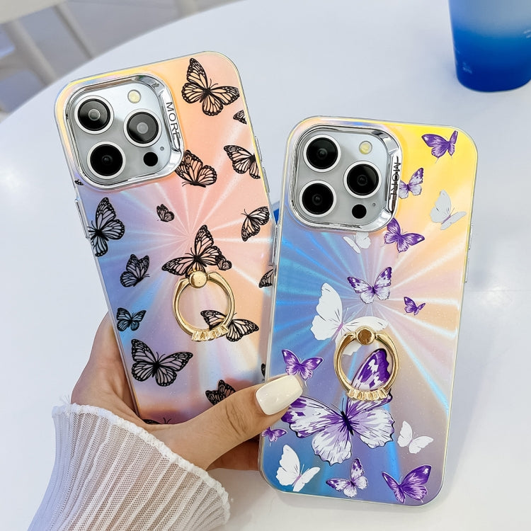 For iPhone 16 Pro Electroplating Laser Butterfly Ring Holder Phone Case(Color Butterflies AB1) - iPhone 16 Pro Cases by buy2fix | Online Shopping UK | buy2fix