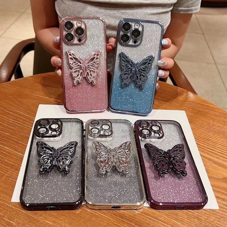 For iPhone 16 Plus Electroplated Gradient Glitter 3D Butterfly TPU Phone Case(Gradient Blue) - iPhone 16 Plus Cases by buy2fix | Online Shopping UK | buy2fix