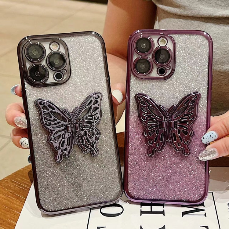 For iPhone 16 Pro Max Electroplated Gradient Glitter 3D Butterfly TPU Phone Case(Gradient Black) - iPhone 16 Pro Max Cases by buy2fix | Online Shopping UK | buy2fix