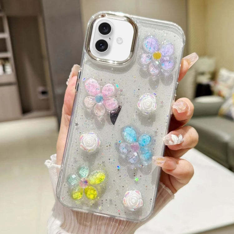 For iPhone 16 Plus 3D Flower Glitter Epoxy TPU Phone Case(Colorful Flowers) - iPhone 16 Plus Cases by buy2fix | Online Shopping UK | buy2fix