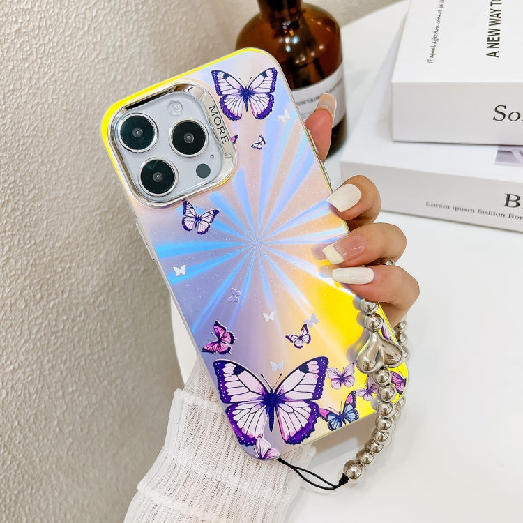 For iPhone 16 Pro Electroplating Laser Butterfly Phone Case with Wrist Strap(White Purple Butterflies AB6) - iPhone 16 Pro Cases by buy2fix | Online Shopping UK | buy2fix