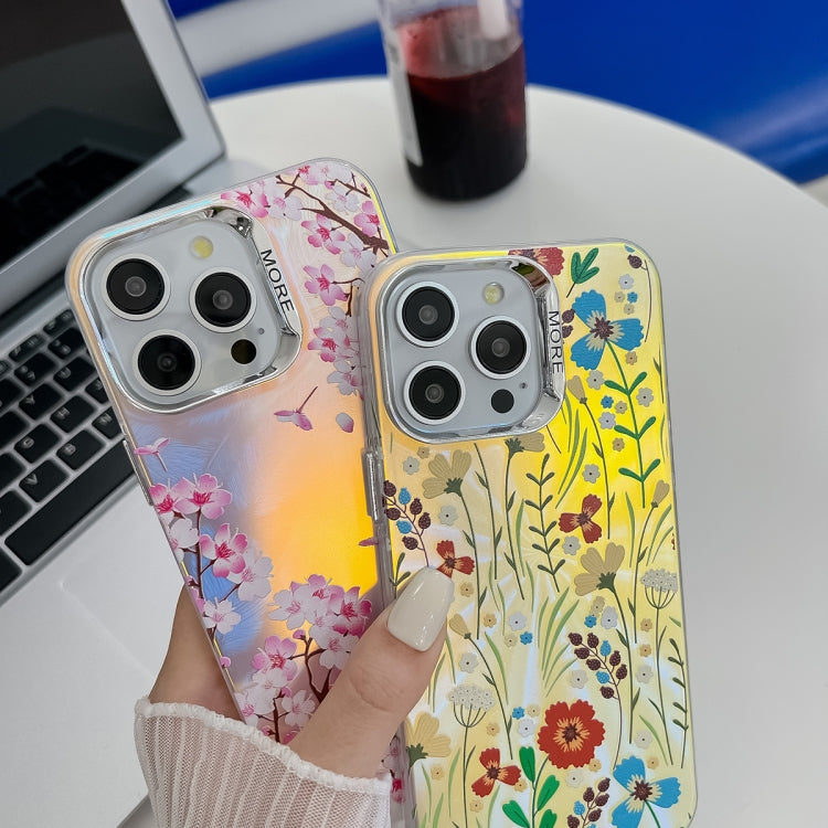 For iPhone 16 Electroplating Laser Flower Texture TPU Phone Case(Blue Flower AH8) - iPhone 16 Cases by buy2fix | Online Shopping UK | buy2fix