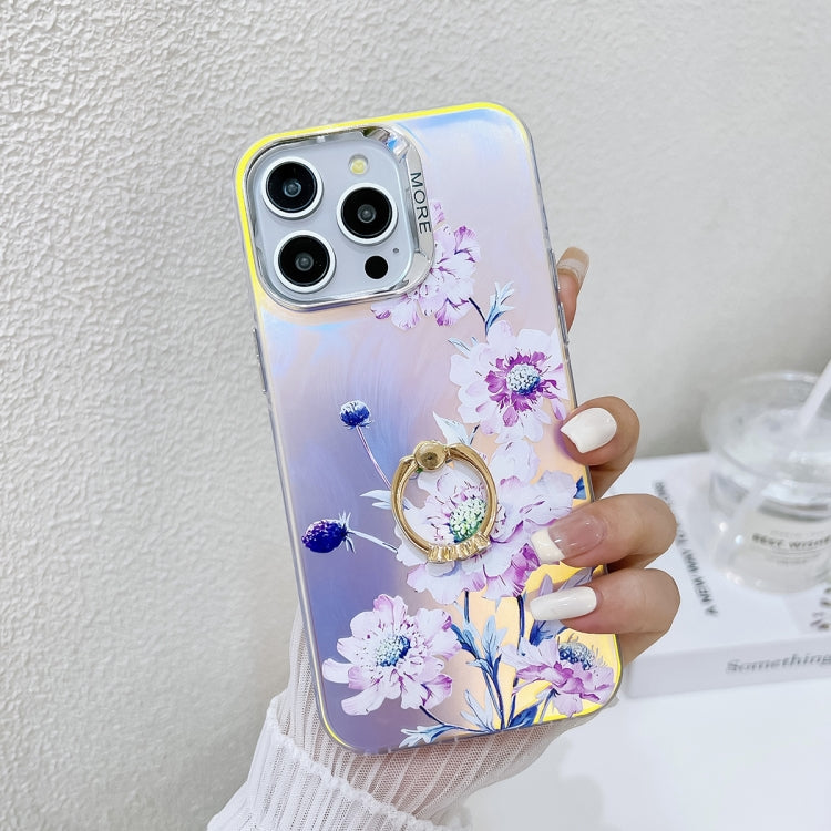 For iPhone 16 Pro Max Electroplating Laser Flower Ring Holder TPU Phone Case(Zinnia AH9) - iPhone 16 Pro Max Cases by buy2fix | Online Shopping UK | buy2fix