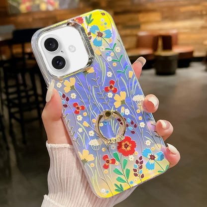 For iPhone 16 Electroplating Laser Flower Ring Holder TPU Phone Case(Flower AH6) - iPhone 16 Cases by buy2fix | Online Shopping UK | buy2fix