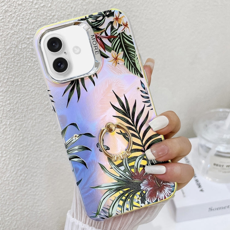 For iPhone 16 Electroplating Laser Flower Ring Holder TPU Phone Case(Leaves AH12) - iPhone 16 Cases by buy2fix | Online Shopping UK | buy2fix