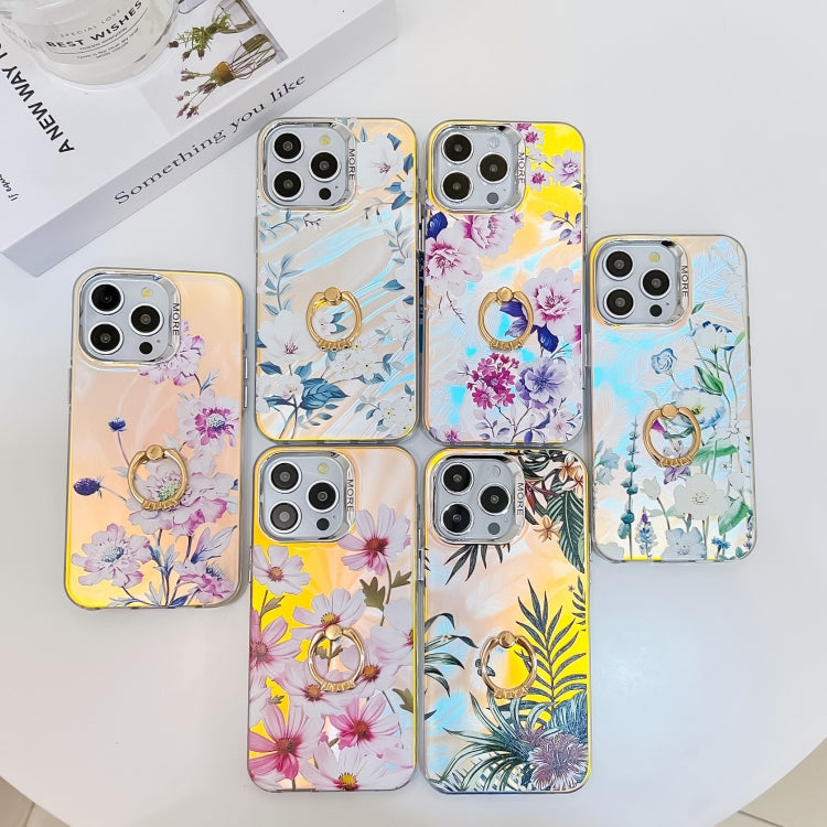 For iPhone 16 Plus Electroplating Laser Flower Ring Holder TPU Phone Case(Pear Blossom AH17) - iPhone 16 Plus Cases by buy2fix | Online Shopping UK | buy2fix