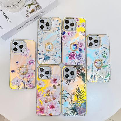 For iPhone 16 Pro Max Electroplating Laser Flower Ring Holder TPU Phone Case(Drawn Flowers AH3) - iPhone 16 Pro Max Cases by buy2fix | Online Shopping UK | buy2fix