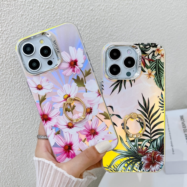 For iPhone 16 Pro Max Electroplating Laser Flower Ring Holder TPU Phone Case(Drawn Flowers AH3) - iPhone 16 Pro Max Cases by buy2fix | Online Shopping UK | buy2fix