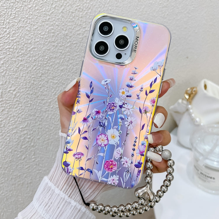 For iPhone 16 Pro Max Electroplating Laser Flower Phone Case with Wrist Strap(Flower AH1) - iPhone 16 Pro Max Cases by buy2fix | Online Shopping UK | buy2fix