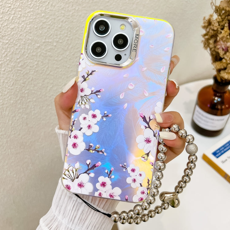 For iPhone 16 Pro Electroplating Laser Flower Phone Case with Wrist Strap(Plum Blossom AH18) - iPhone 16 Pro Cases by buy2fix | Online Shopping UK | buy2fix