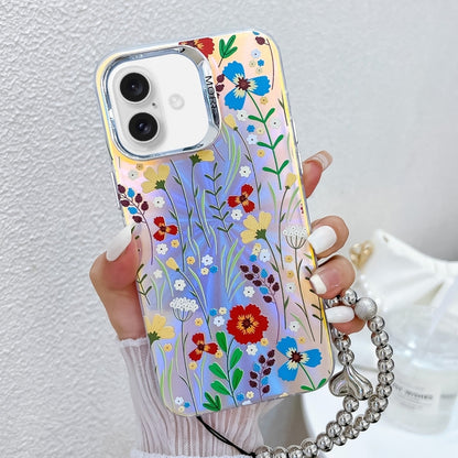 For iPhone 16 Plus Electroplating Laser Flower Phone Case with Wrist Strap(Flower AH6) - iPhone 16 Plus Cases by buy2fix | Online Shopping UK | buy2fix