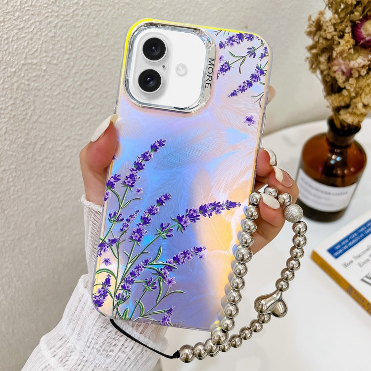 For iPhone 16 Electroplating Laser Flower Phone Case with Wrist Strap(Lavender AH14) - iPhone 16 Cases by buy2fix | Online Shopping UK | buy2fix