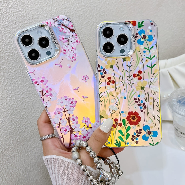 For iPhone 16 Plus Electroplating Laser Flower Phone Case with Wrist Strap(Leaves AH12) - iPhone 16 Plus Cases by buy2fix | Online Shopping UK | buy2fix