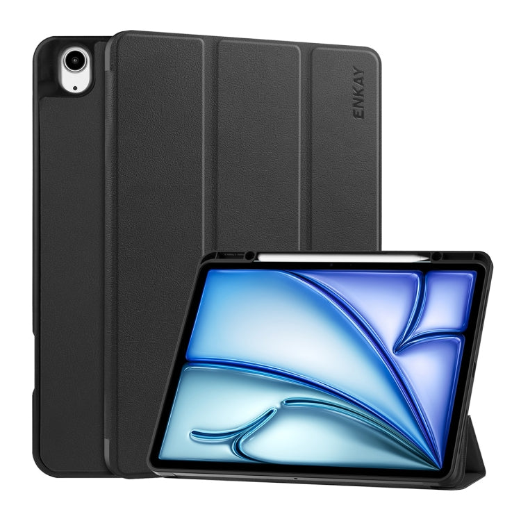 For iPad Air 13 2024 ENKAY Tri-fold Custer Texture TPU Leather Smart Tablet Case with Pen Slot(Black) - iPad Air 13 2025 / 2024 Cases by ENKAY | Online Shopping UK | buy2fix