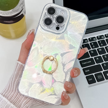 For iPhone 16 Pro Plating Glitter Texture Ring Holder TPU Phone Case with Lens Film(White Feathers) - More iPhone Cases by buy2fix | Online Shopping UK | buy2fix