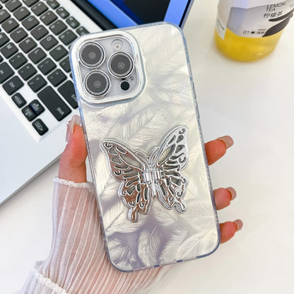 For iPhone 16 Pro Max Plating Glitter Texture Butterfly Holder TPU Phone Case with Lens Film(White Feathers) - iPhone 16 Pro Max Cases by buy2fix | Online Shopping UK | buy2fix