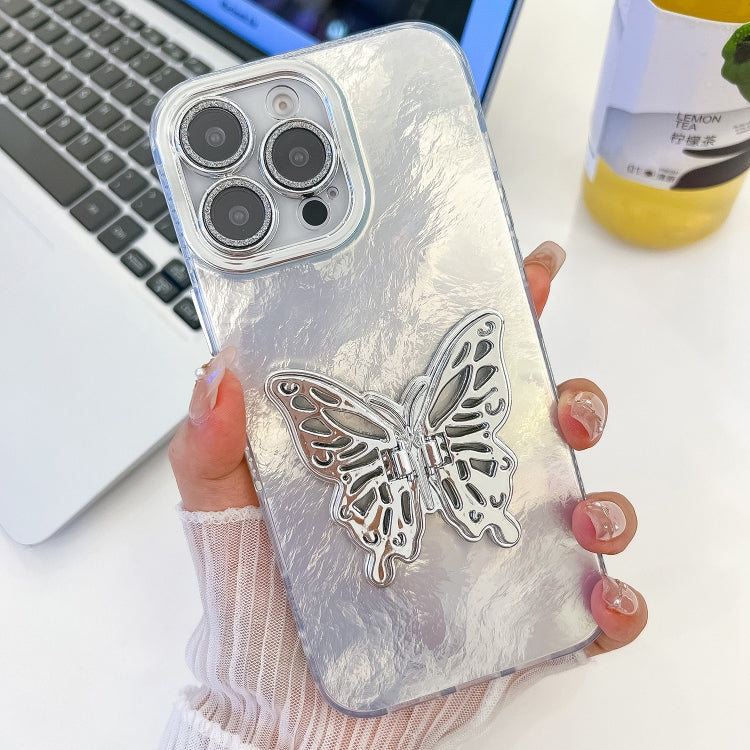 For iPhone 16 Pro Max Plating Glitter Texture Butterfly Holder TPU Phone Case with Lens Film(White Tinfoil Texture) - iPhone 16 Pro Max Cases by buy2fix | Online Shopping UK | buy2fix