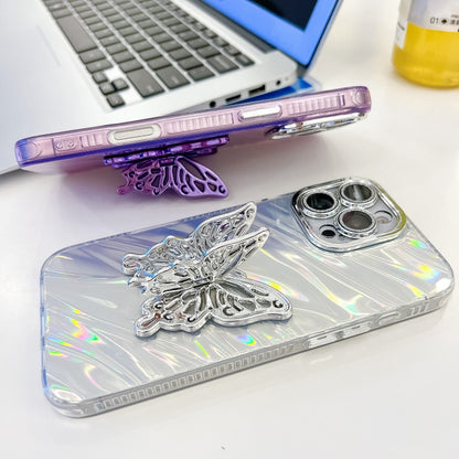 For iPhone 16 Plating Glitter Texture Butterfly Holder TPU Phone Case with Lens Film(Purple Tinfoil Texture) - iPhone 16 Cases by buy2fix | Online Shopping UK | buy2fix