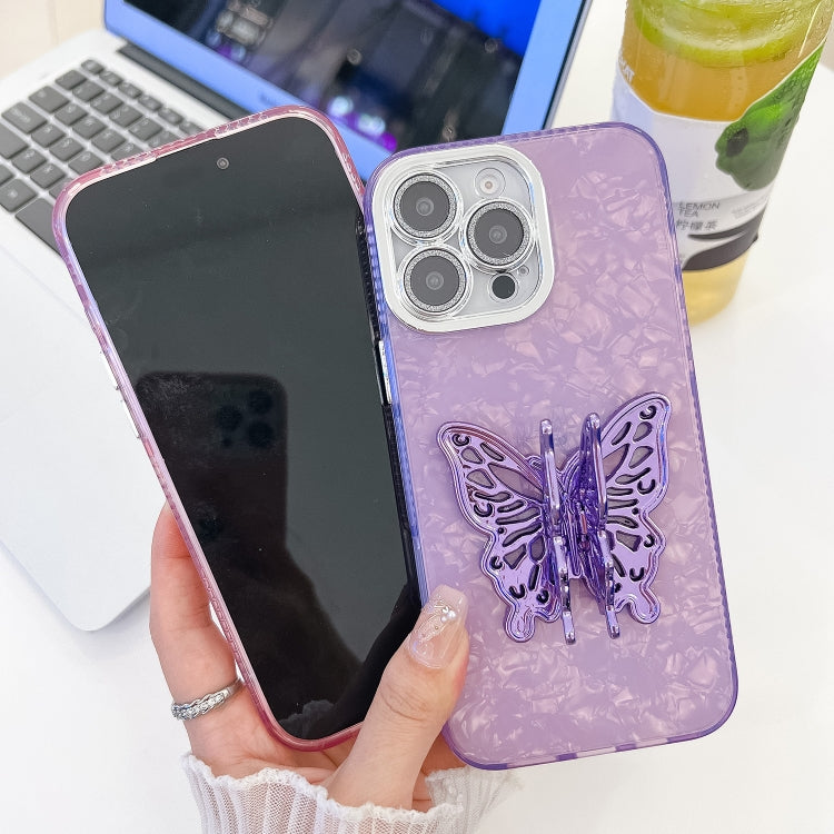 For iPhone 16 Pro Max Plating Glitter Texture Butterfly Holder TPU Phone Case with Lens Film(Pink Wrinkles) - iPhone 16 Pro Max Cases by buy2fix | Online Shopping UK | buy2fix