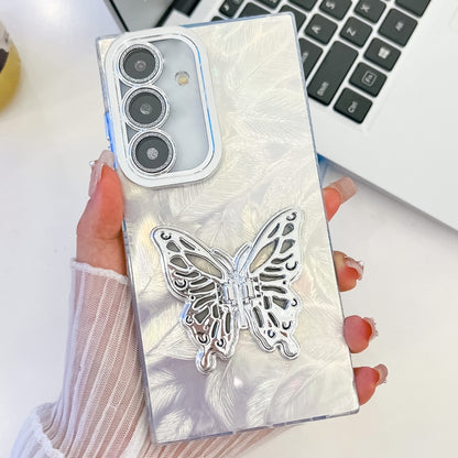 For Samsung Galaxy S25 5G Plating Glitter Texture Butterfly Holder TPU Phone Case with Lens Film(White Feathers) - Galaxy S25 5G Cases by buy2fix | Online Shopping UK | buy2fix