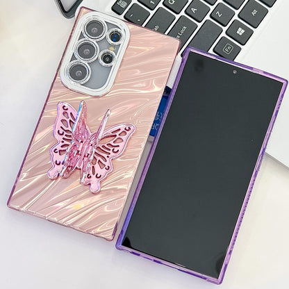 For Samsung Galaxy S25+ 5G Plating Glitter Texture Butterfly Holder TPU Phone Case with Lens Film(Pink Feather Yarn) - Galaxy S25+ 5G Cases by buy2fix | Online Shopping UK | buy2fix