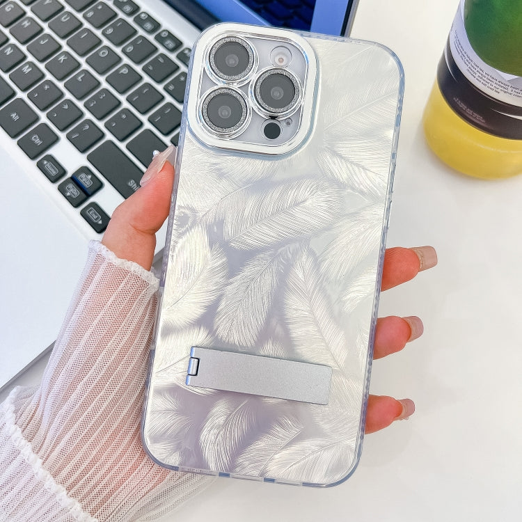 For iPhone 16 Pro Plating Glitter Texture Fold Holder TPU Phone Case with Lens Film(White Feathers) - iPhone 16 Pro Cases by buy2fix | Online Shopping UK | buy2fix