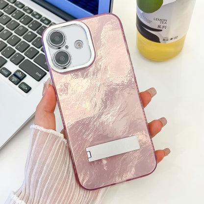 For iPhone 16 Plating Glitter Texture Fold Holder TPU Phone Case with Lens Film(Pink Tinfoil Texture) - iPhone 16 Cases by buy2fix | Online Shopping UK | buy2fix