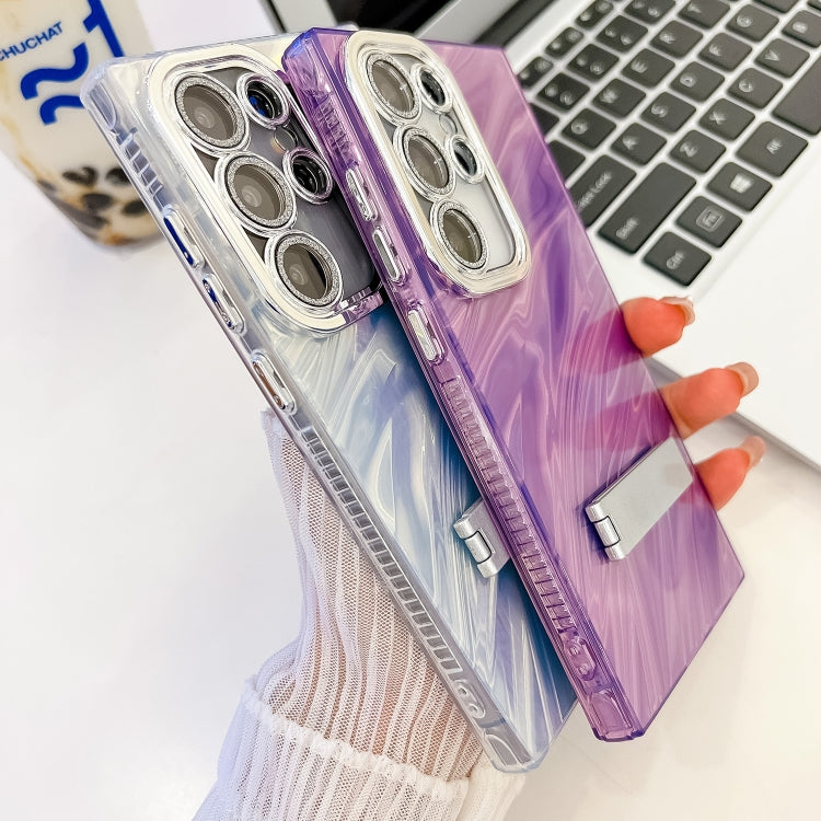 For Samsung Galaxy S25 5G Plating Glitter Texture Fold Holder TPU Phone Case with Lens Film(Purple Shell Pattern) - Galaxy S25 5G Cases by buy2fix | Online Shopping UK | buy2fix