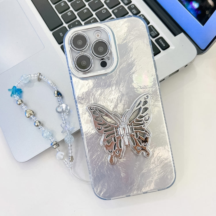 For iPhone 16 Pro Max Plating Glitter Lens Film Texture Butterfly Holder Wristband Phone Case(White Tinfoil Texture) - iPhone 16 Pro Max Cases by buy2fix | Online Shopping UK | buy2fix