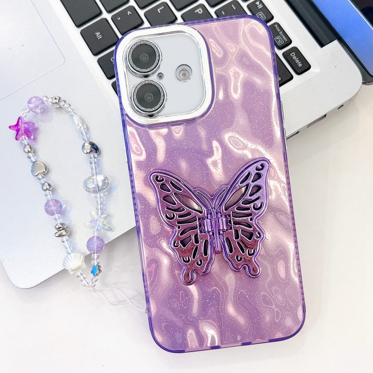 For iPhone 16 Plating Glitter Lens Film Texture Butterfly Holder Wristband Phone Case(Purple Wrinkles) - iPhone 16 Cases by buy2fix | Online Shopping UK | buy2fix