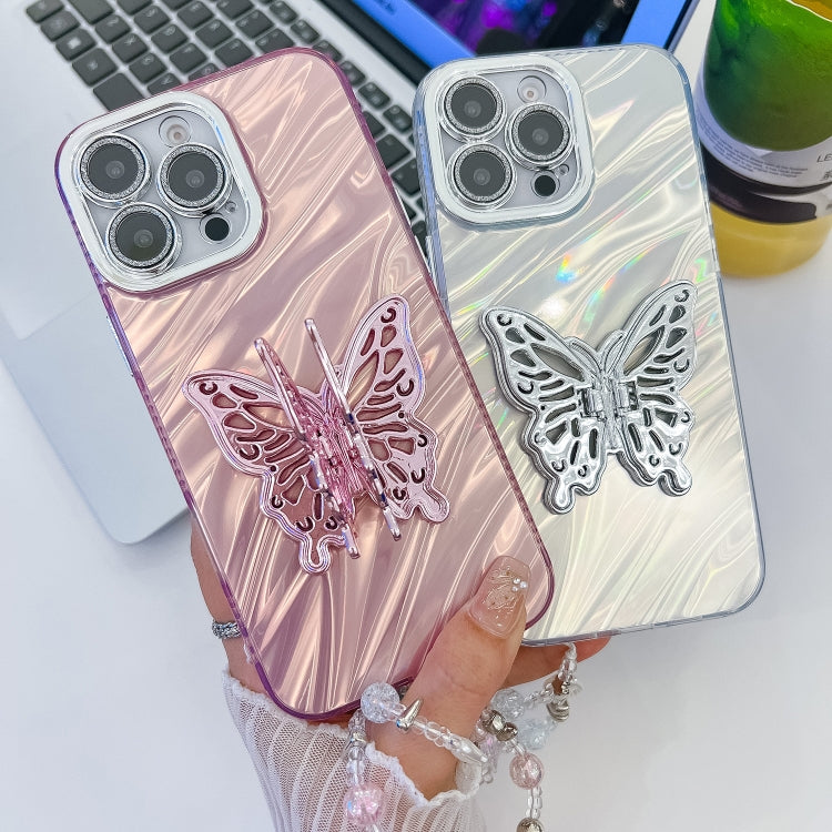 For iPhone 16 Plating Glitter Lens Film Texture Butterfly Holder Wristband Phone Case(White Shell Pattern) - iPhone 16 Cases by buy2fix | Online Shopping UK | buy2fix