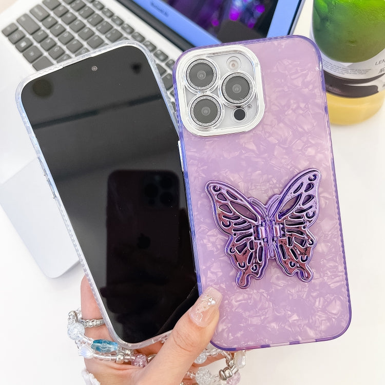 For iPhone 16 Pro Plating Glitter Lens Film Texture Butterfly Holder Wristband Phone Case(White Tinfoil Texture) - iPhone 16 Pro Cases by buy2fix | Online Shopping UK | buy2fix