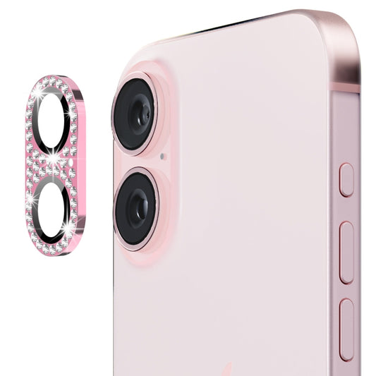 For iPhone 16 / 16 Plus ENKAY Hat-Prince Blink Diamond Camera Lens Aluminium Alloy Tempered Glass Film(Pink) - iPhone 16 Tempered Glass by ENKAY | Online Shopping UK | buy2fix