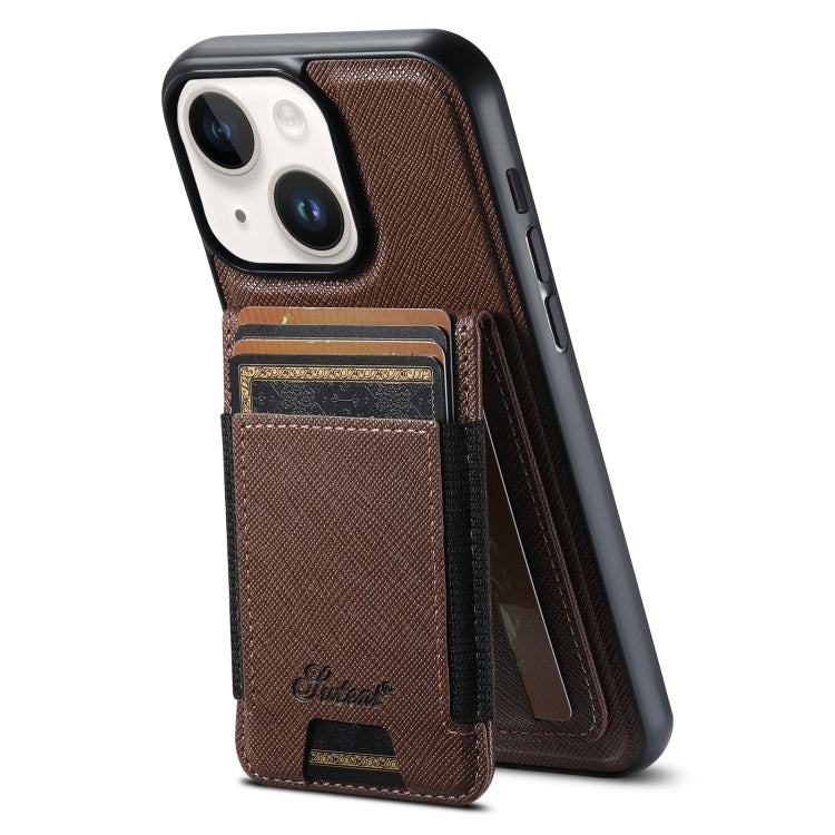 For iPhone 15 Suteni H17 Cross Grain Leather MagSafe Detachable Wallet Phone Case(Brown) - iPhone 15 Cases by Suteni | Online Shopping UK | buy2fix