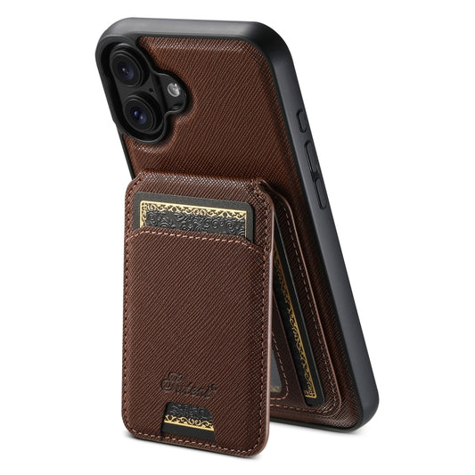 For iPhone 16 Plus Suteni H18 Cross Grain MagSafe Wallet Leather Phone Case(Brown) - iPhone 16 Plus Cases by Suteni | Online Shopping UK | buy2fix