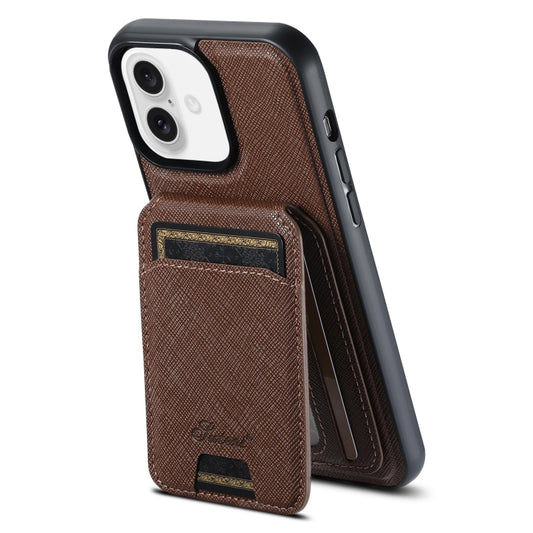 For iPhone 16 Suteni H18 Cross Grain MagSafe Wallet Leather Phone Case(Brown) - iPhone 16 Cases by Suteni | Online Shopping UK | buy2fix