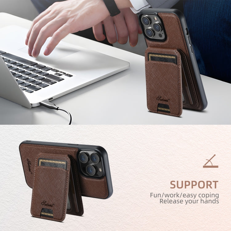 For iPhone 14 Pro Suteni H18 Cross Grain MagSafe Wallet Leather Phone Case(Brown) - iPhone 14 Pro Cases by Suteni | Online Shopping UK | buy2fix