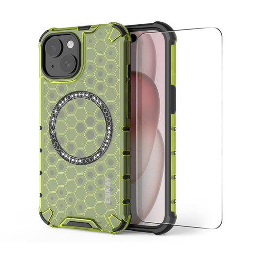 For iPhone 15 ENKAY Hat-Prince Honeycomb MagSafe Shockproof Phone Case with Large Arc Edge Film(Green) - iPhone 15 Cases by ENKAY | Online Shopping UK | buy2fix