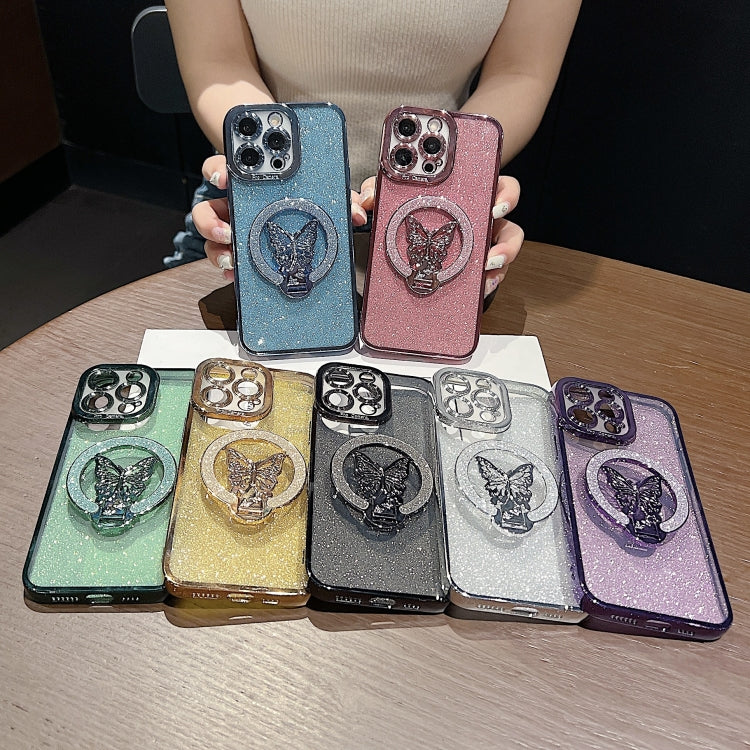 For iPhone 16 Pro Max Plating Glitter Butterfly Holder Phone Case(Silver) - iPhone 16 Pro Max Cases by buy2fix | Online Shopping UK | buy2fix