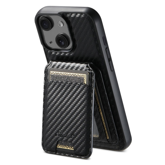 For iPhone 15 Plus Suteni TXWH18 Carbon Fiber Texture Detachable Wallet MagSafe Phone Case(Black) - iPhone 15 Plus Cases by Suteni | Online Shopping UK | buy2fix