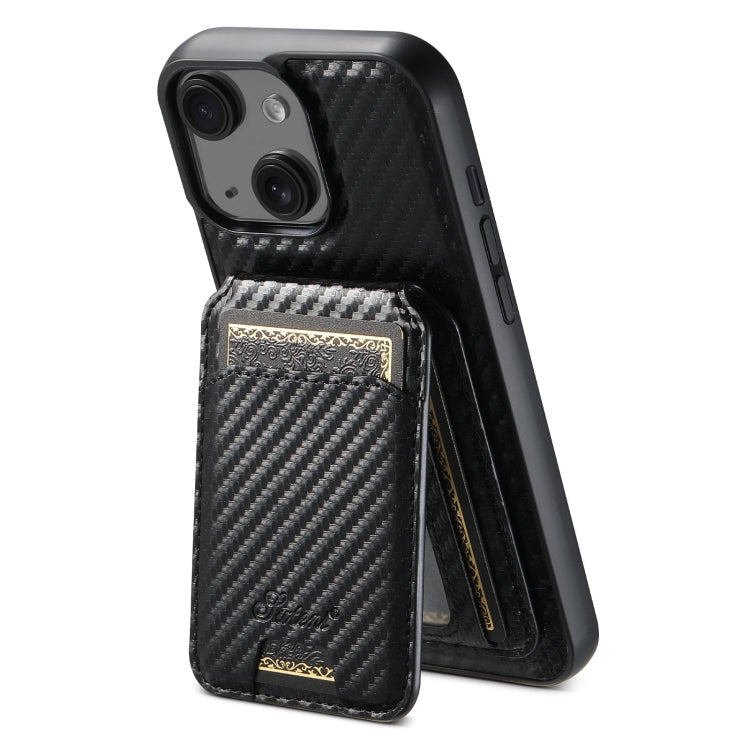 For iPhone 14 Suteni TXWH18 Carbon Fiber Texture Detachable Wallet MagSafe Phone Case(Black) - iPhone 14 Cases by Suteni | Online Shopping UK | buy2fix